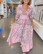 V-Neck A-Line Maxi Dress with Adjustable Tie Waist