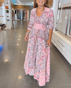 V-Neck A-Line Maxi Dress with Adjustable Tie Waist