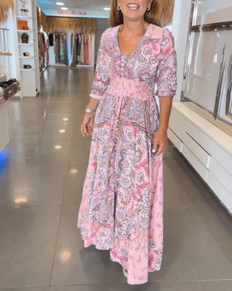 V-Neck A-Line Maxi Dress with Adjustable Tie Waist