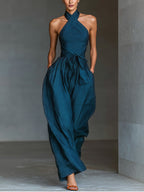 Linen Look Cross Back Jumpsuit with Tie Waist