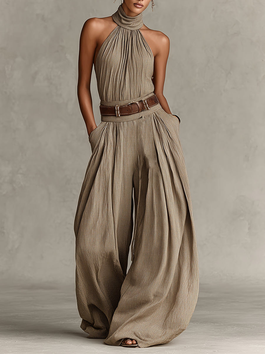 Cotton Blend Halter Jumpsuit with Wide Leg