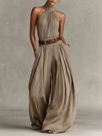 Cotton Blend Halter Jumpsuit with Wide Leg