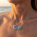 Double Turtle Pendant Necklace with Blue Crystals in Silver Colour