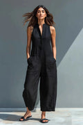 Linen Blend Sleeveless Jumpsuit with Stand Collar