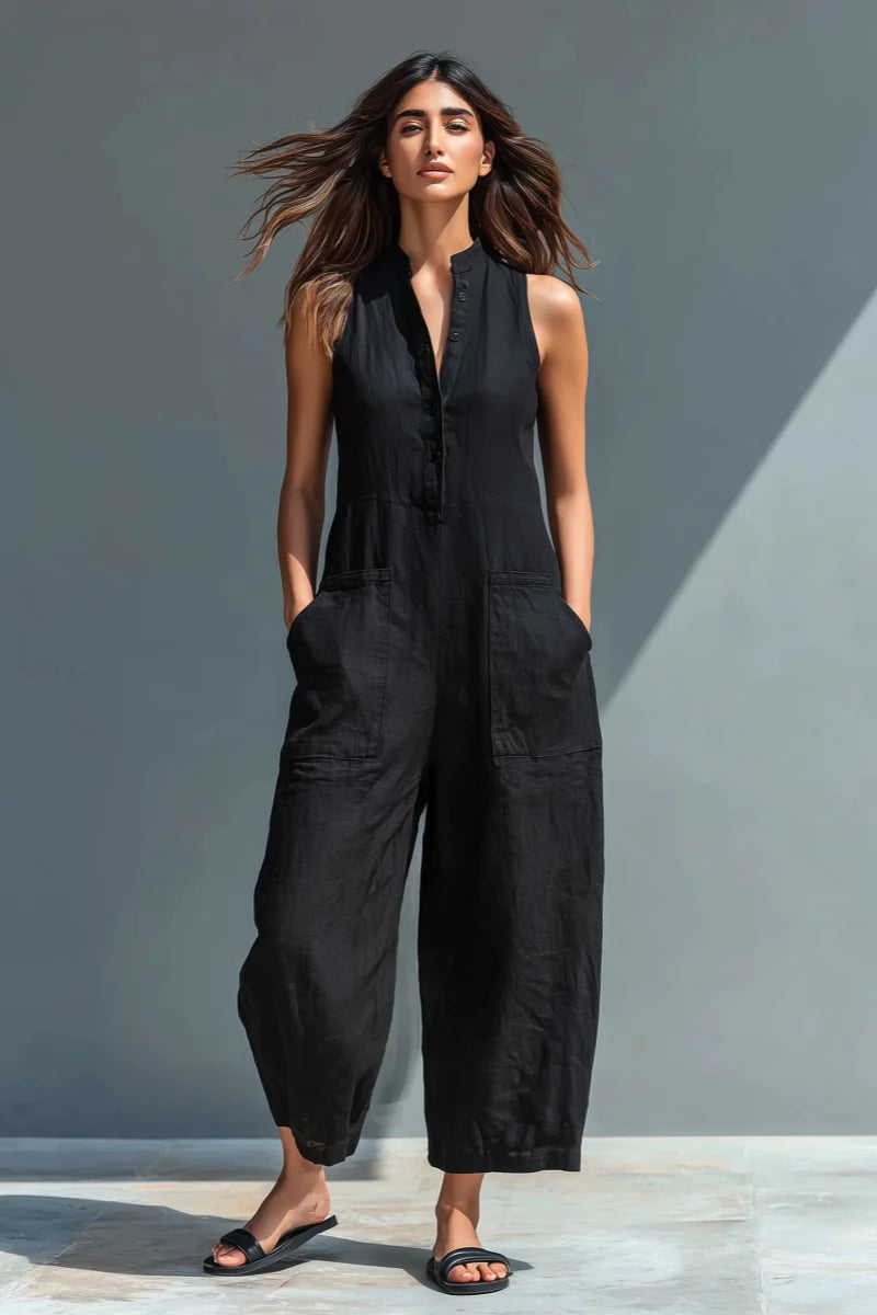 Linen Blend Sleeveless Jumpsuit with Stand Collar