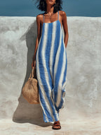 Striped Linen Blend Jumpsuit with Open Back