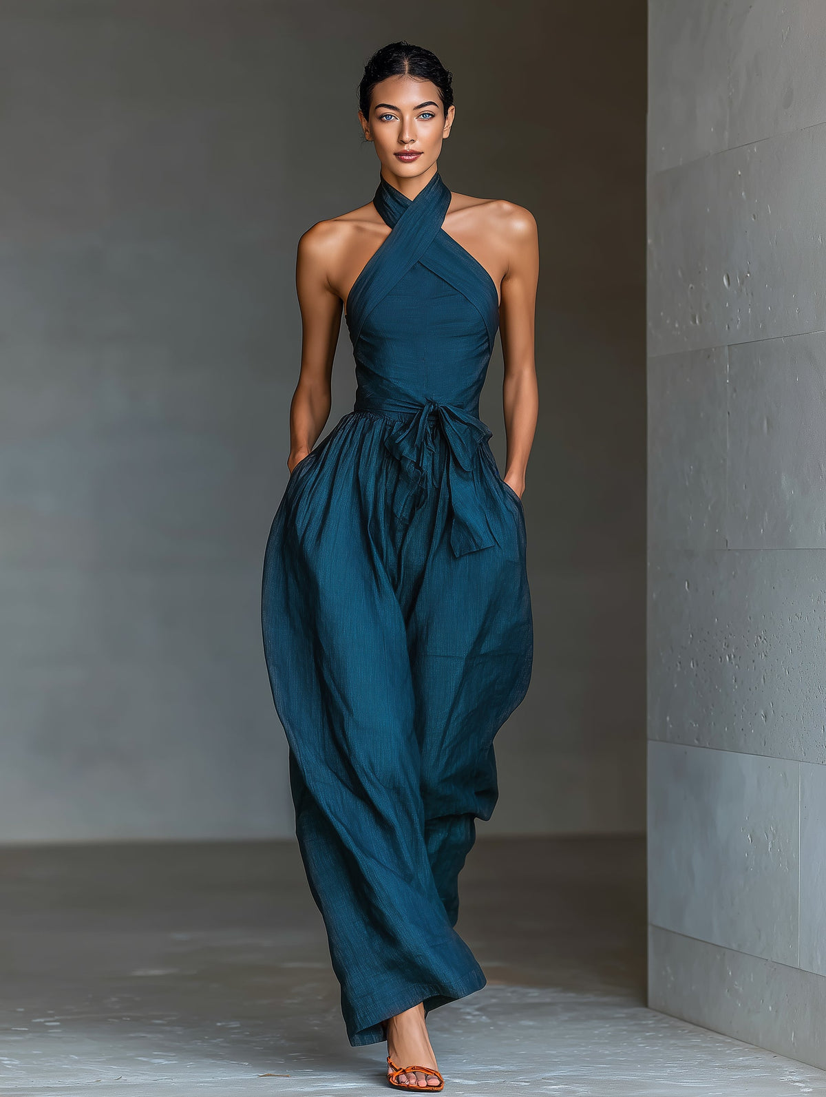 Linen Look Cross Back Jumpsuit with Tie Waist