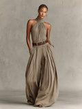 Cotton Blend Halter Jumpsuit with Wide Leg