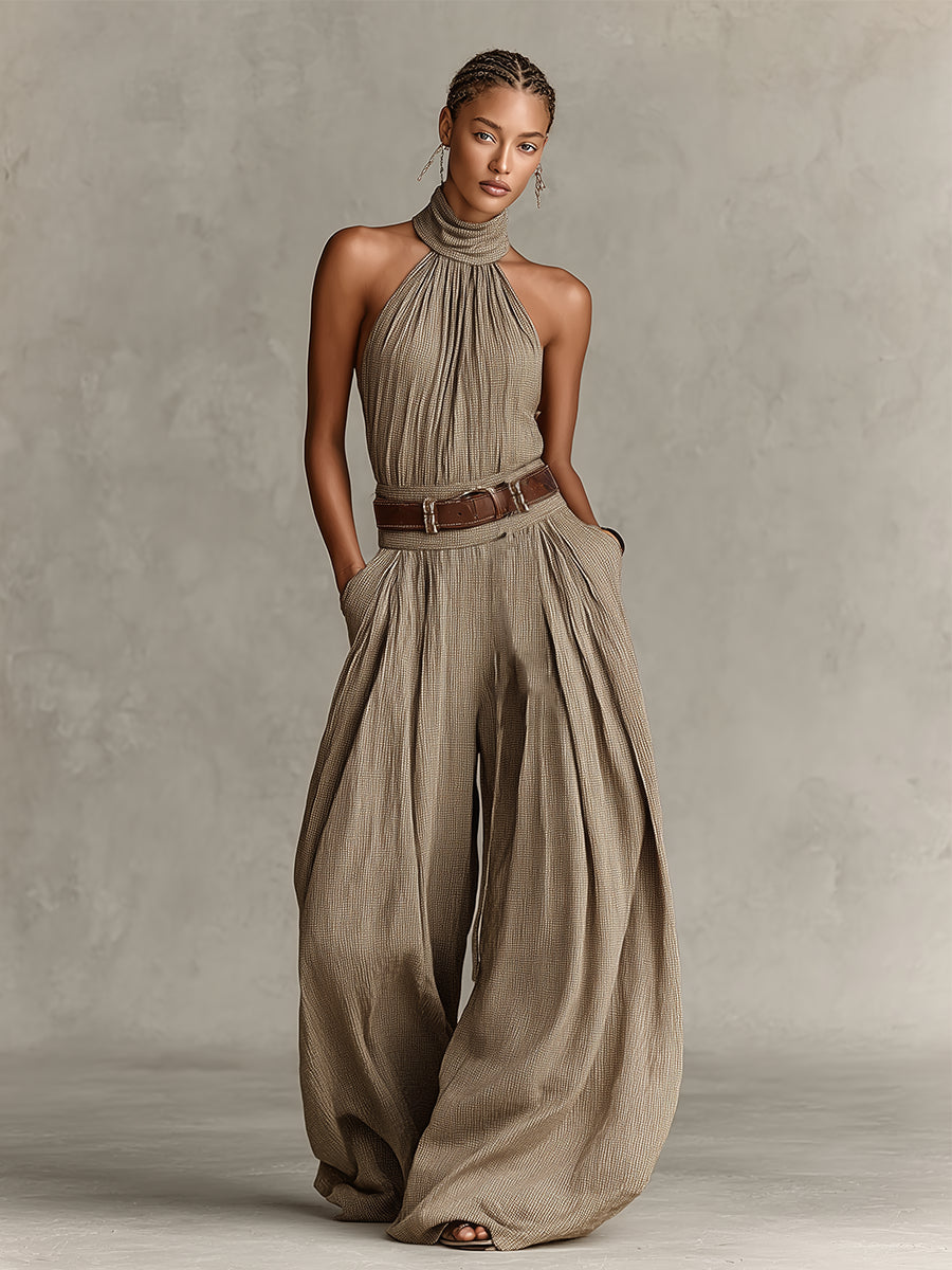 Cotton Blend Halter Jumpsuit with Wide Leg