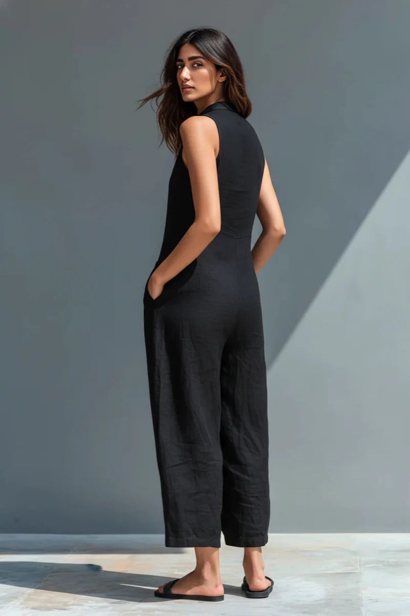 Linen Blend Sleeveless Jumpsuit with Stand Collar