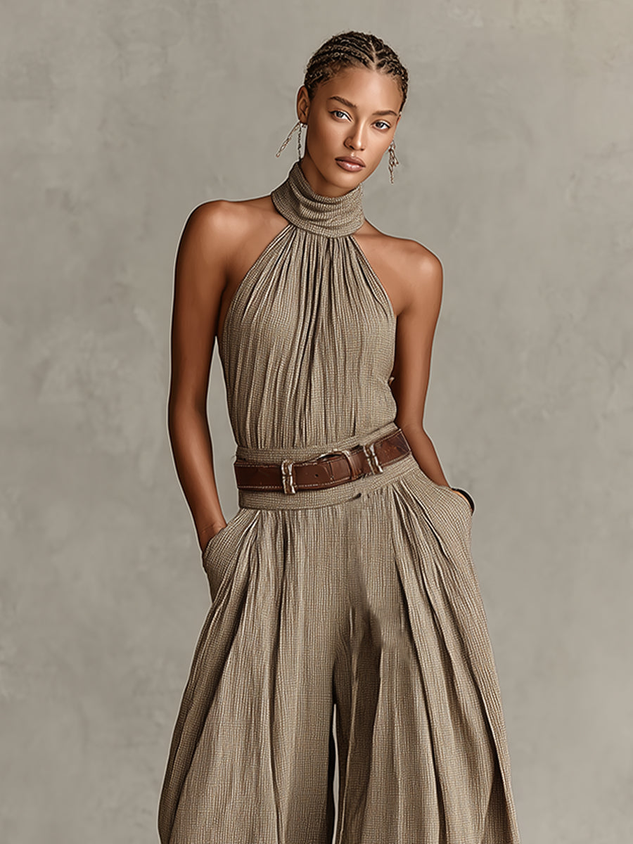 Cotton Blend Halter Jumpsuit with Wide Leg