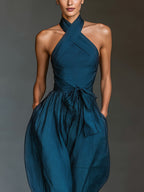 Linen Look Cross Back Jumpsuit with Tie Waist