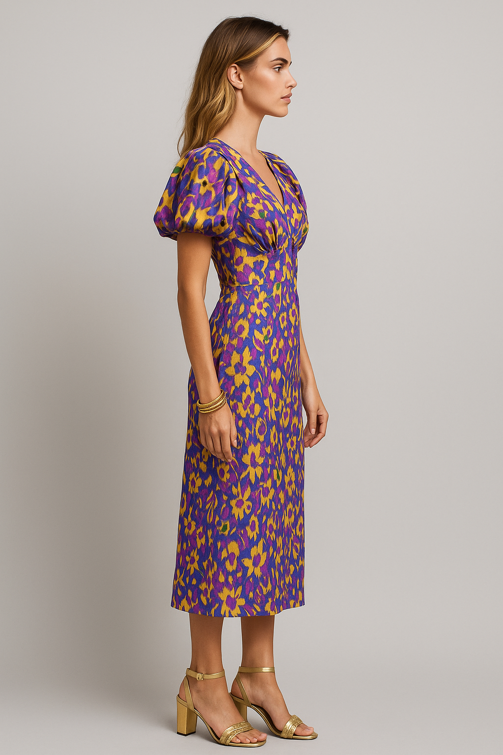 Floral Print Midi Dress with Romantic Puff Sleeves