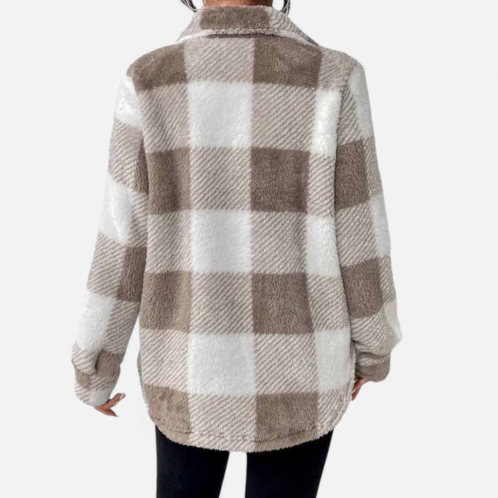 Checked Sherpa Jacket with Button Front and Oversized Fit