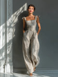Striped Linen Blend Jumpsuit with Tie Shoulder and Wide Leg