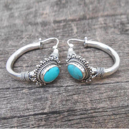 Ornate Huggie Earrings with Blue-Green Stone in Silver Colour