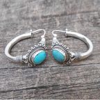 Ornate Huggie Earrings with Blue-Green Stone in Silver Colour