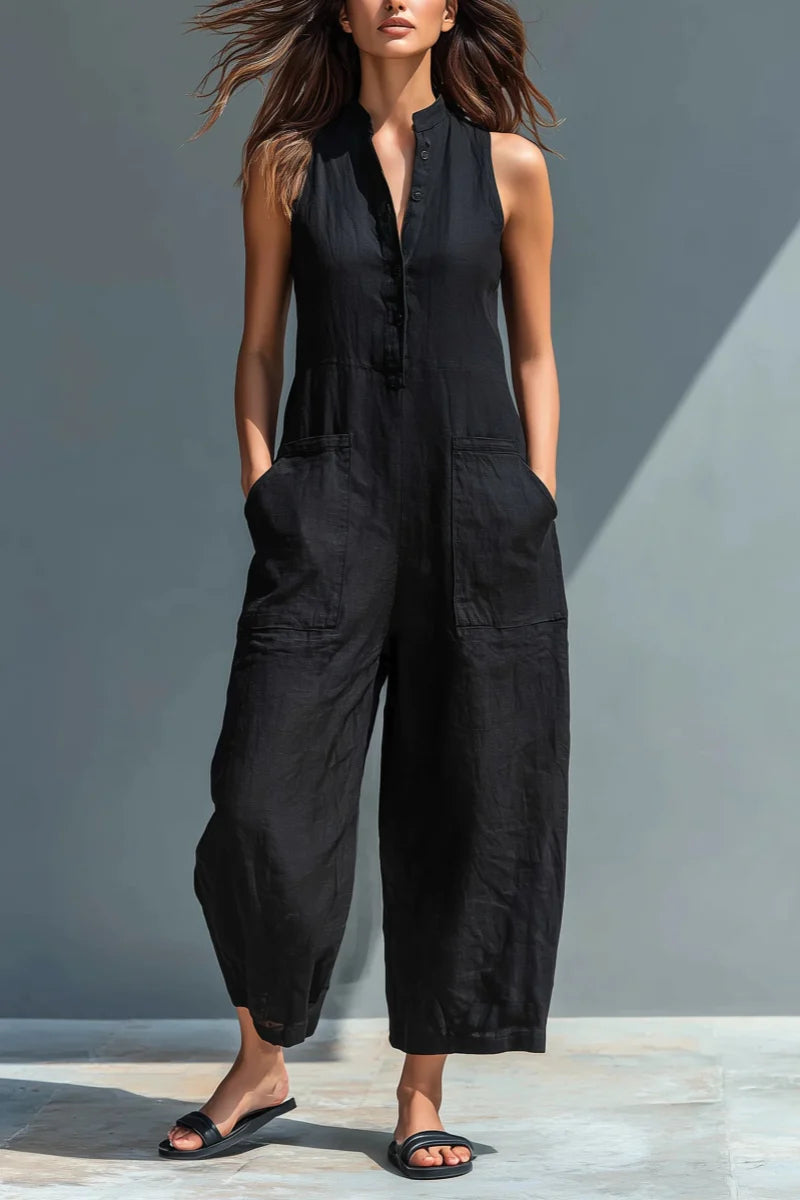 Linen Blend Sleeveless Jumpsuit with Stand Collar