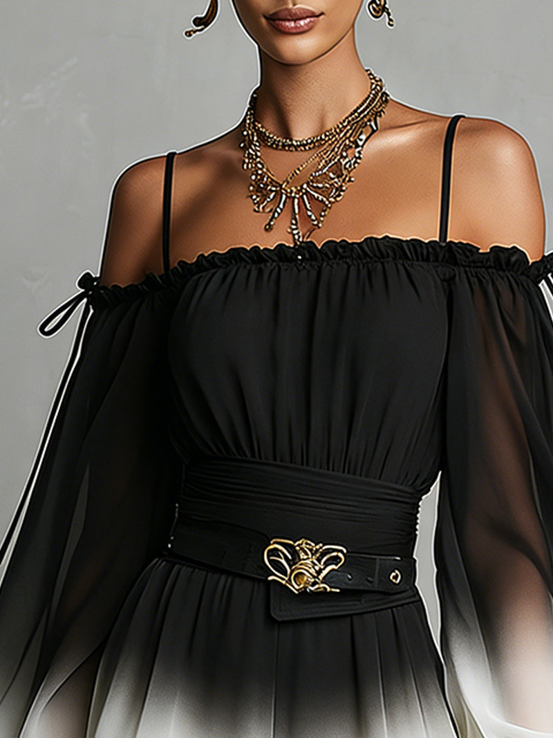 Off Shoulder Jumpsuit with Gradient Chiffon Sleeves