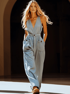 Tencel Denim Overalls with V Neck and Pockets