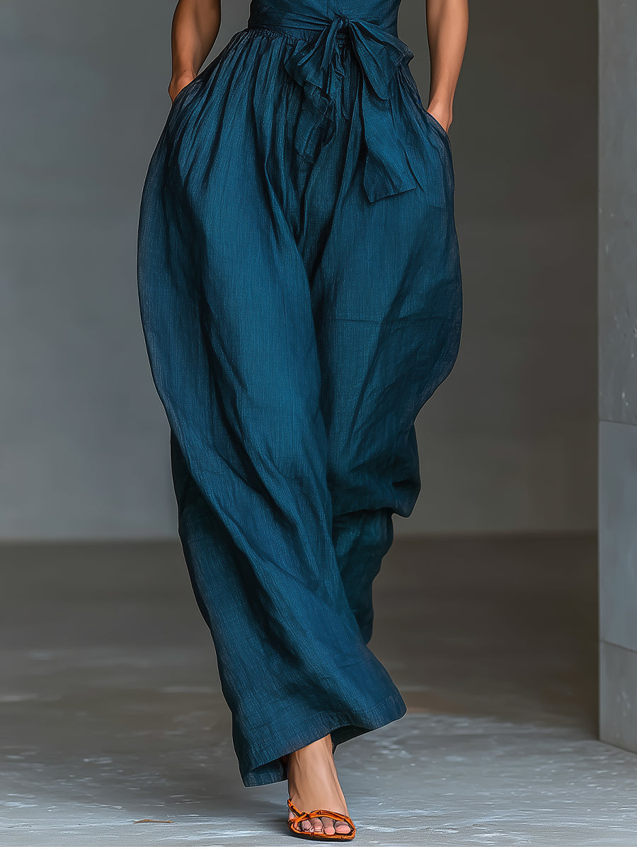 Linen Look Cross Back Jumpsuit with Tie Waist