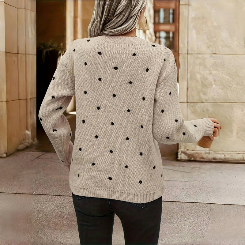 Jersey de punto de lunares con cuello redondo y remate de canalé