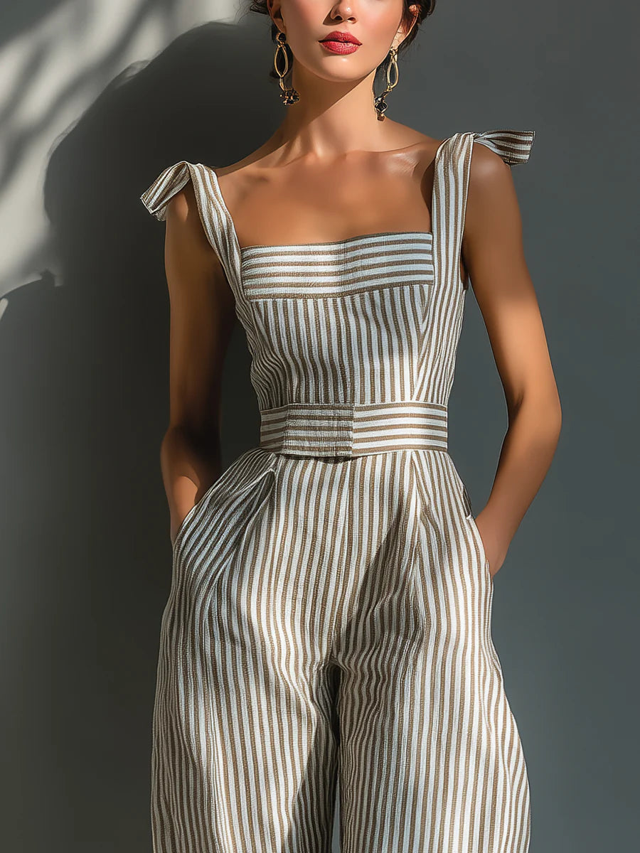 Striped Linen Blend Jumpsuit with Tie Shoulder and Wide Leg