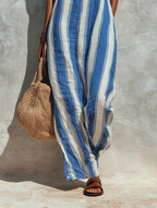 Striped Linen Blend Jumpsuit with Open Back
