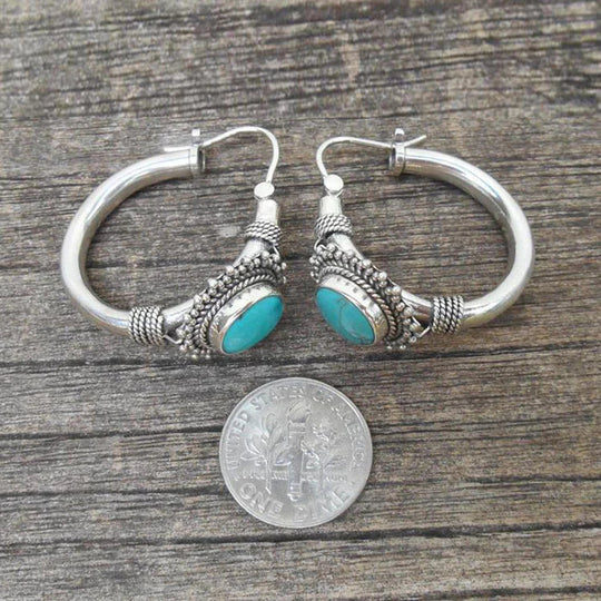 Ornate Huggie Earrings with Blue-Green Stone in Silver Colour