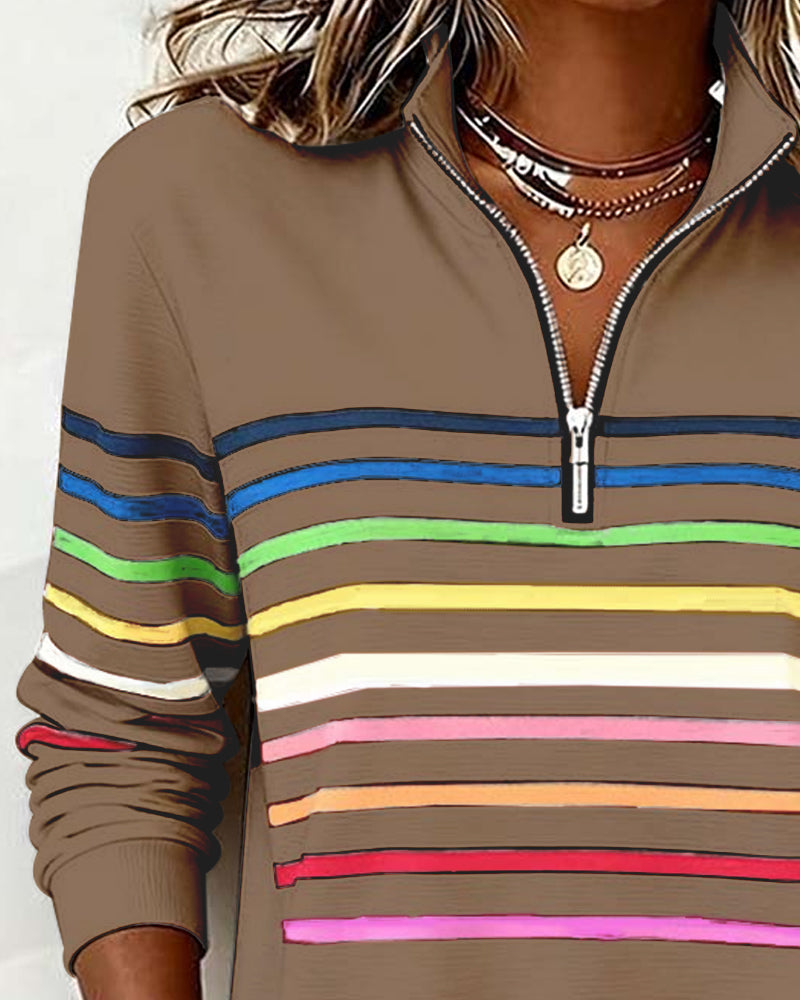 Half Zip Sweatshirt with Stand Collar and Stripe Detail