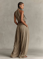 Cotton Blend Halter Jumpsuit with Wide Leg