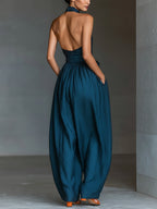Linen Look Cross Back Jumpsuit with Tie Waist