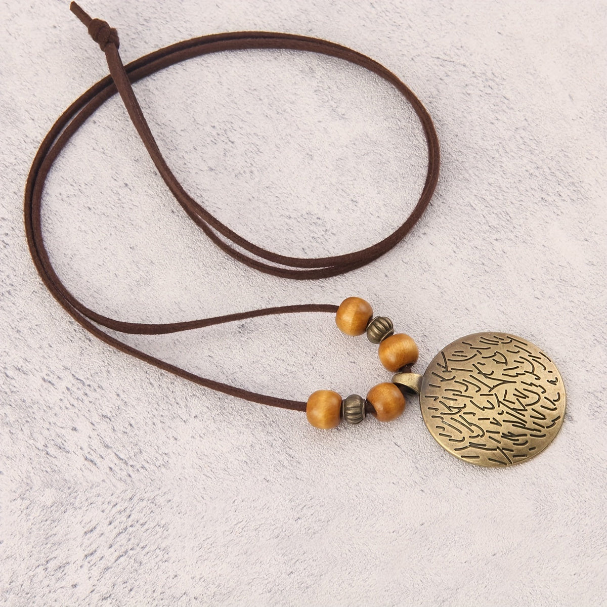Vintage Zodiac Wooden Bead Pendant Necklace with Natural Texture