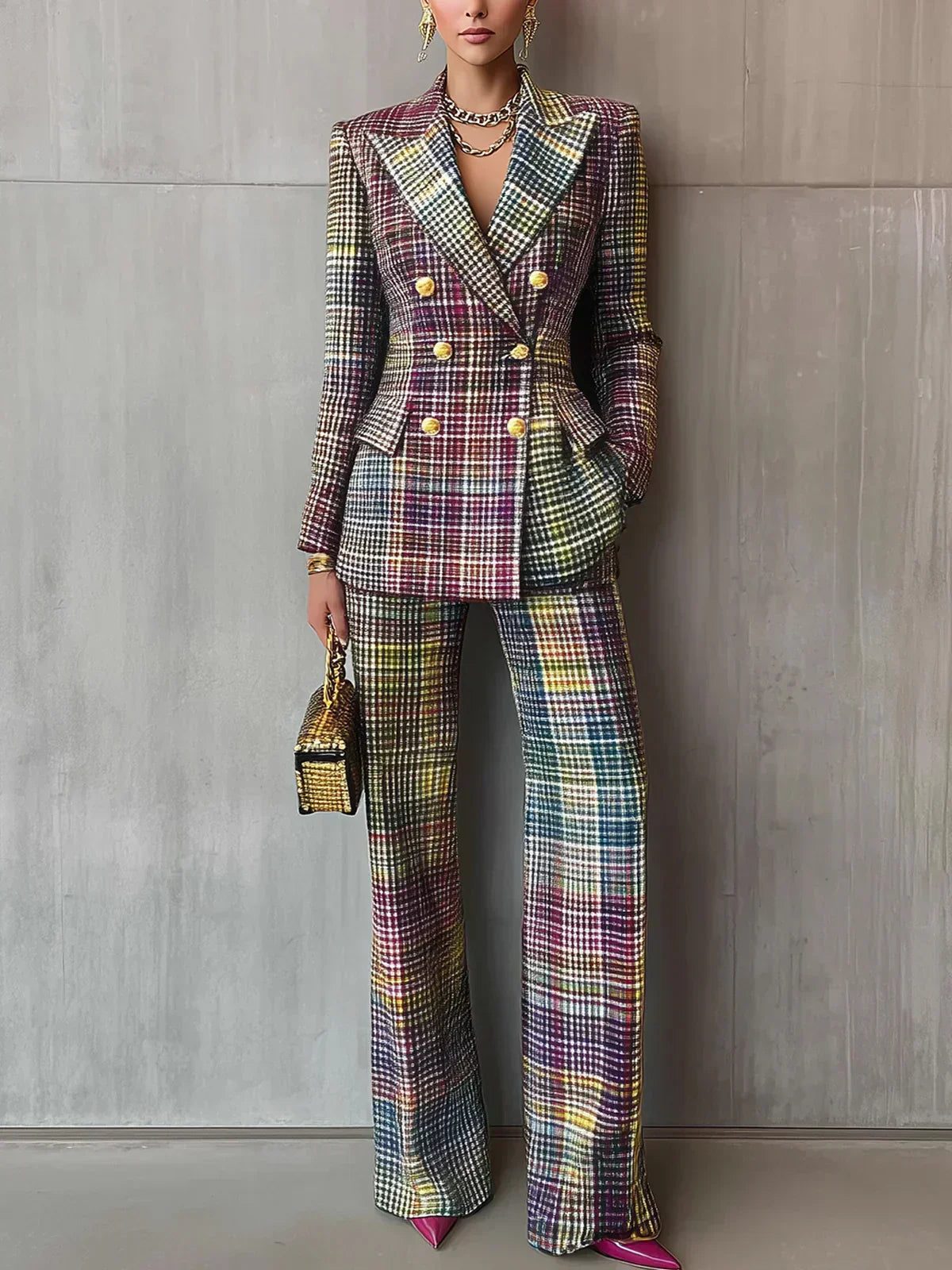 Checked Tailored Suit Set with Sharp Structure