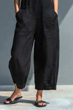 Linen Blend Sleeveless Jumpsuit with Stand Collar