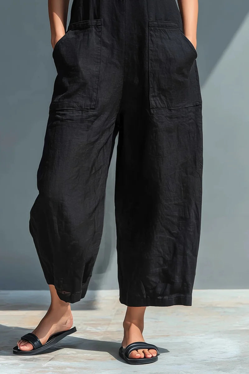 Linen Blend Sleeveless Jumpsuit with Stand Collar