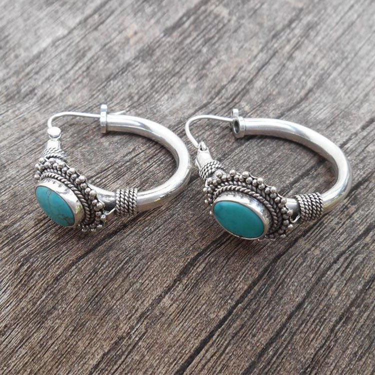 Blue-Green Stone Hoop Earrings in Silver Colour with Relaxed Style