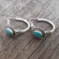 Blue-Green Stone Hoop Earrings in Silver Colour with Relaxed Style