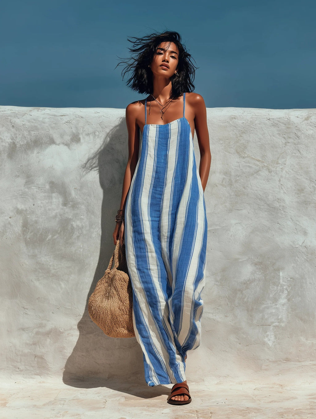 Striped Linen Blend Jumpsuit with Open Back