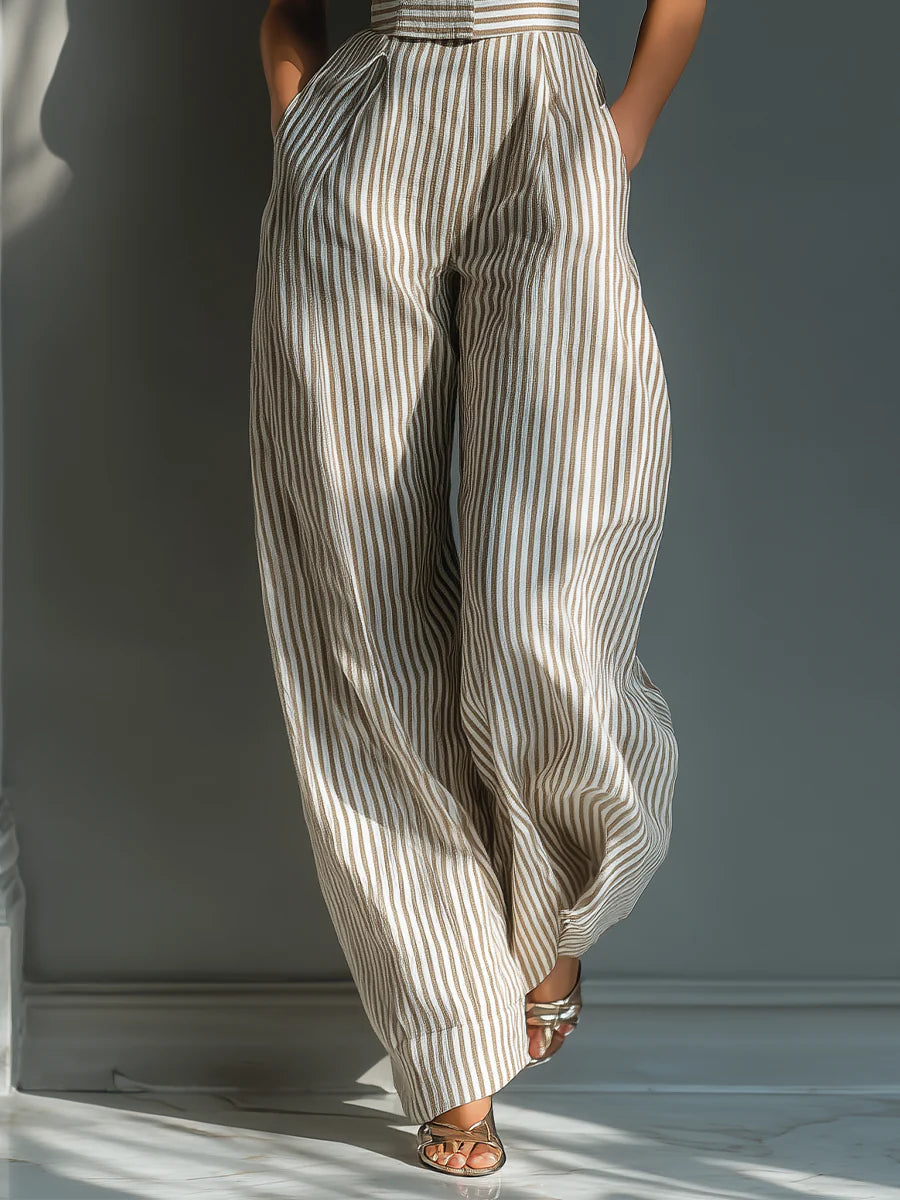 Striped Linen Blend Jumpsuit with Tie Shoulder and Wide Leg