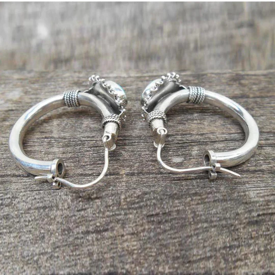 Ornate Huggie Earrings with Blue-Green Stone in Silver Colour