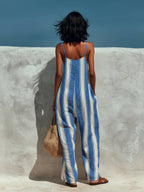 Striped Linen Blend Jumpsuit with Open Back
