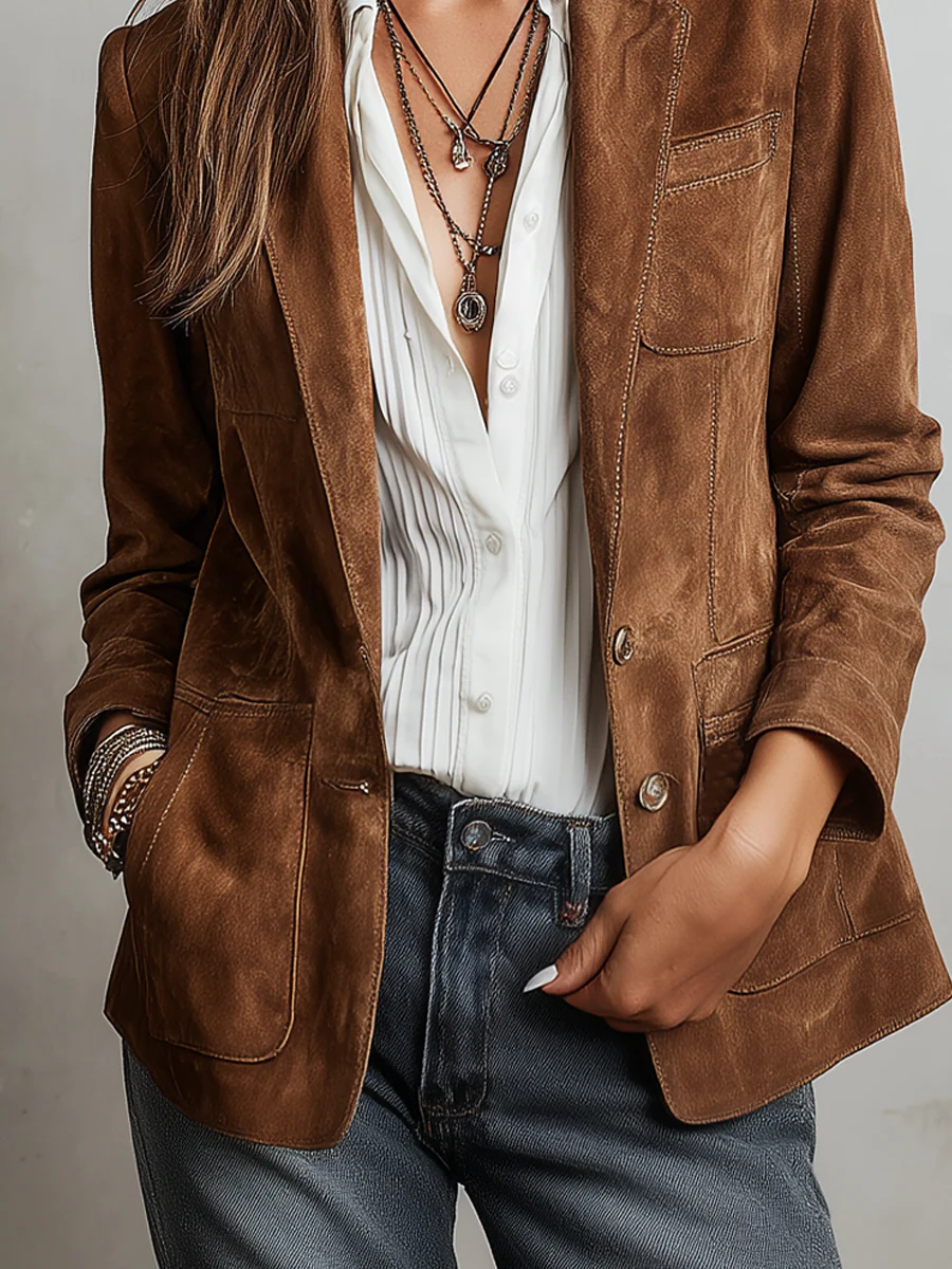 Chaqueta efecto ante con cuello y botonadura delantera