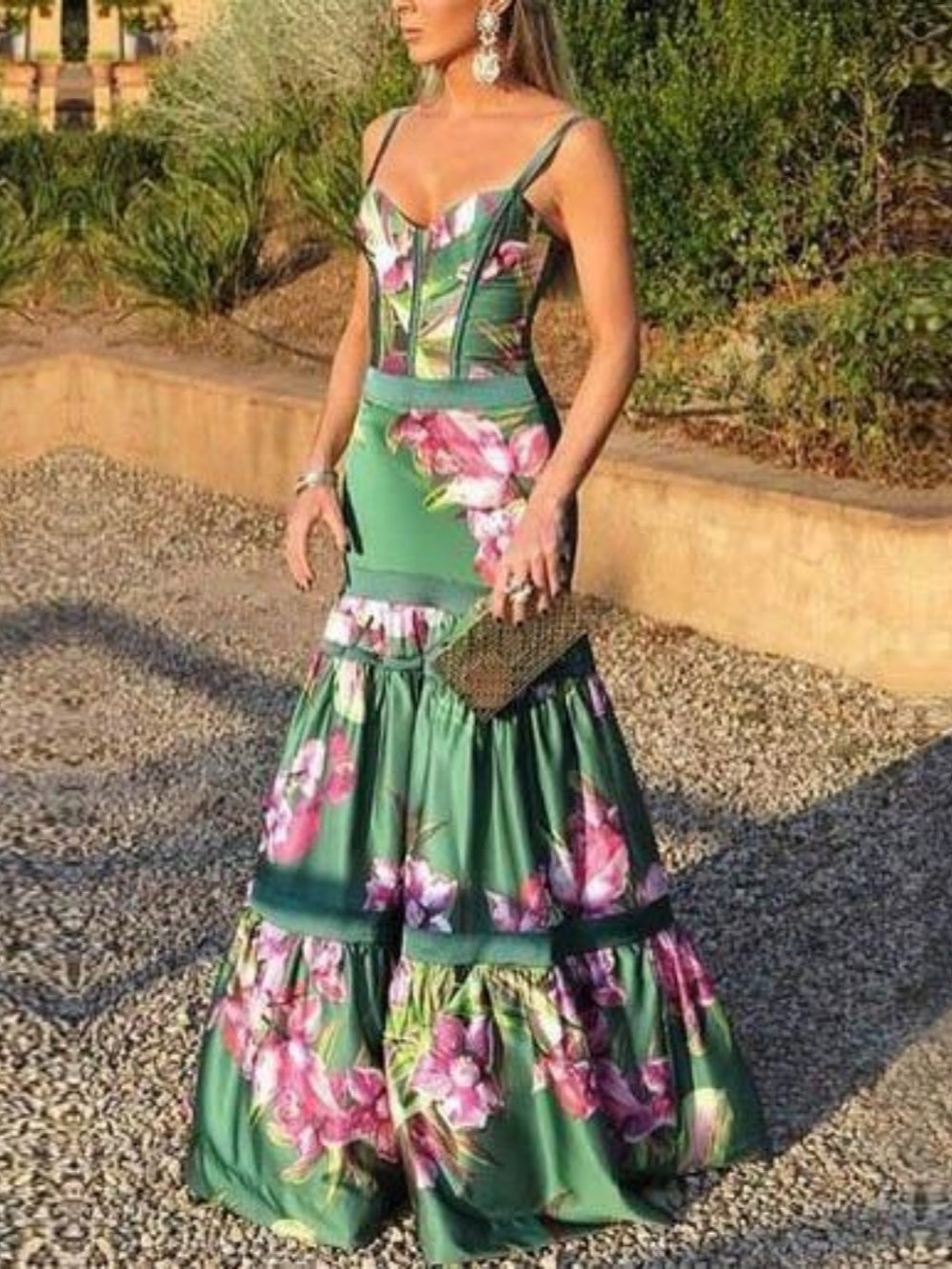 Satin Maxi Dress with Printed Panel and Back Straps