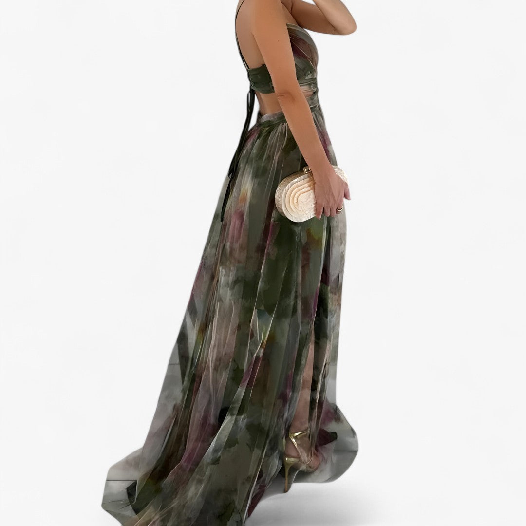 Vestido largo con estampado de acuarela en tejido ligero y fluido