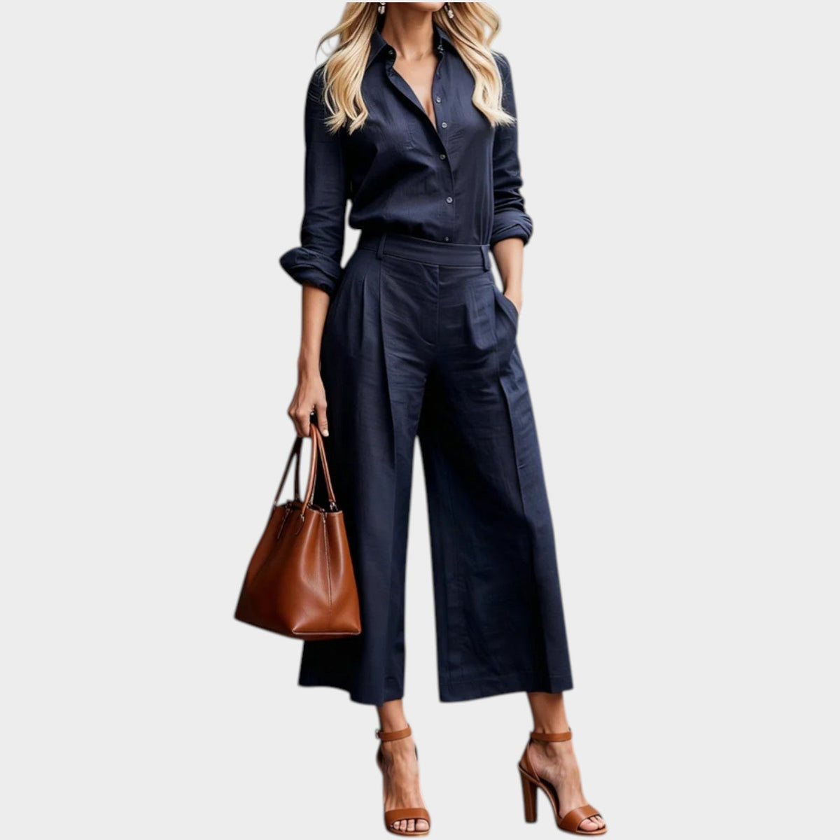 Linen Blend Two Piece Set with High Waisted Wide Leg Trousers