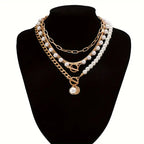 Vintage-Style Faux Pearl and Snake Chain Necklace Set in Gold Colour