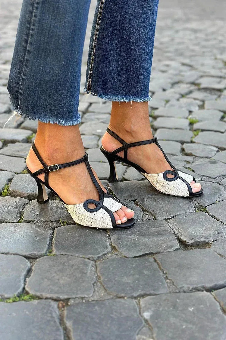 Retro Style Sandals with Contrast Trim and Medium Heel