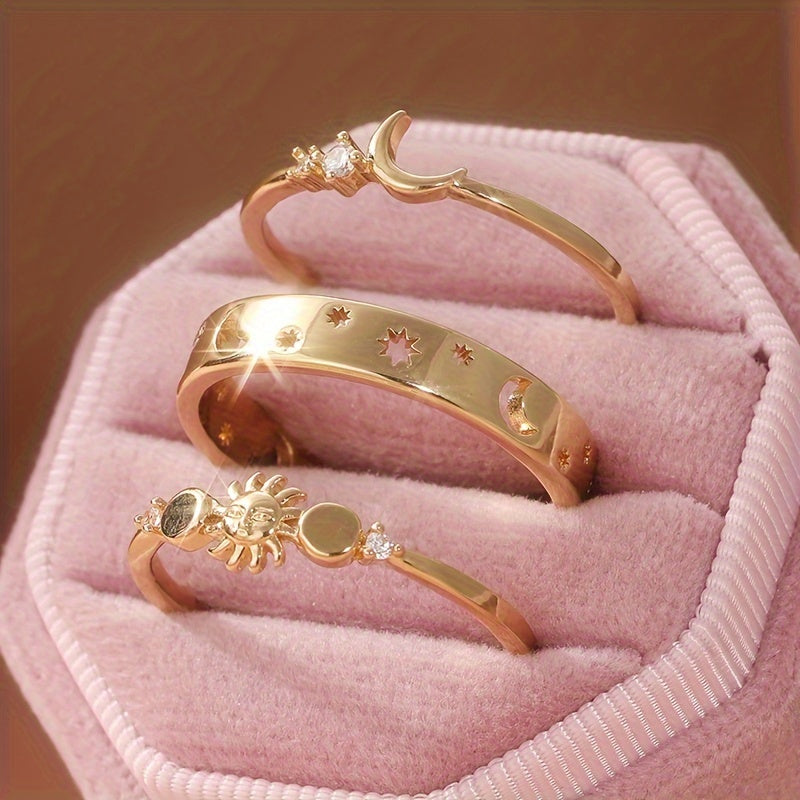 Half Moon Stackable Ring Set with Inlaid Zirconia and Slim Bands