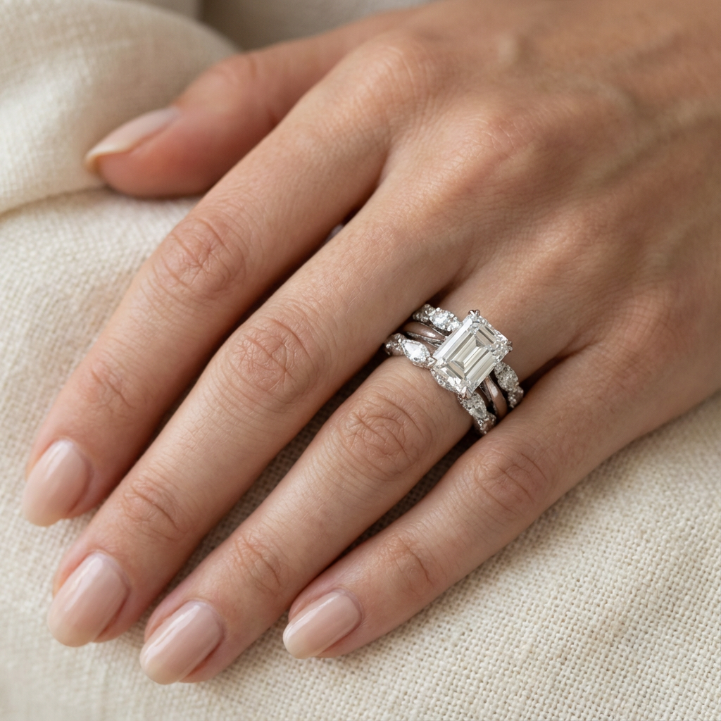 Stacked Ring with Rectangular Crystal and Pavé Rows in Silver Colour